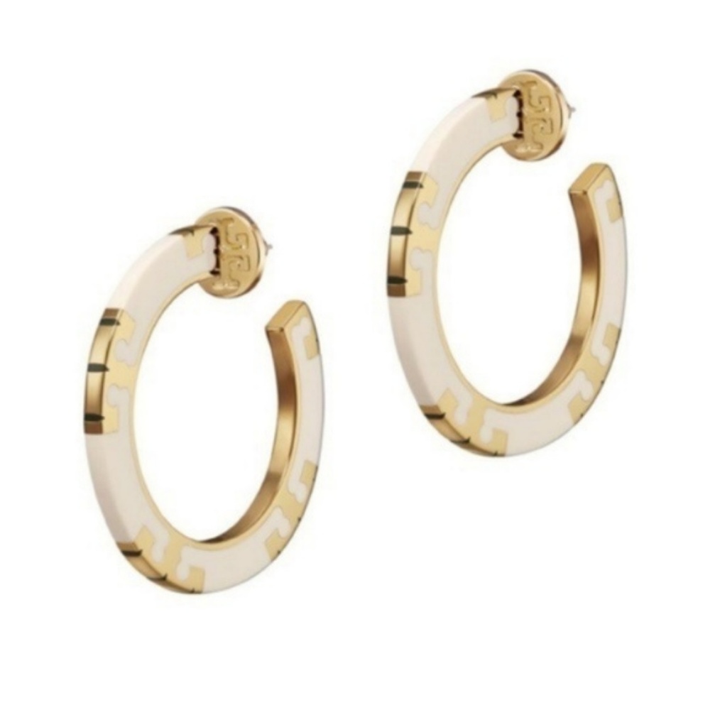 NWT TORY BURCH T-STRIPE IVORY GOLD HOOP EARRINGS - Picture 4 of 7
